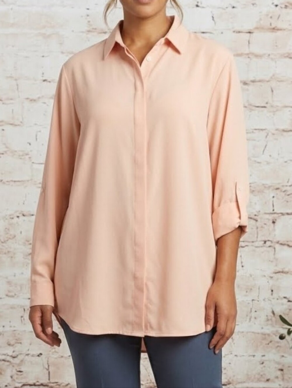 Boutique Classic Long-Sleeve Hidden Button Plus Shirt Peachy Pink Office Casual